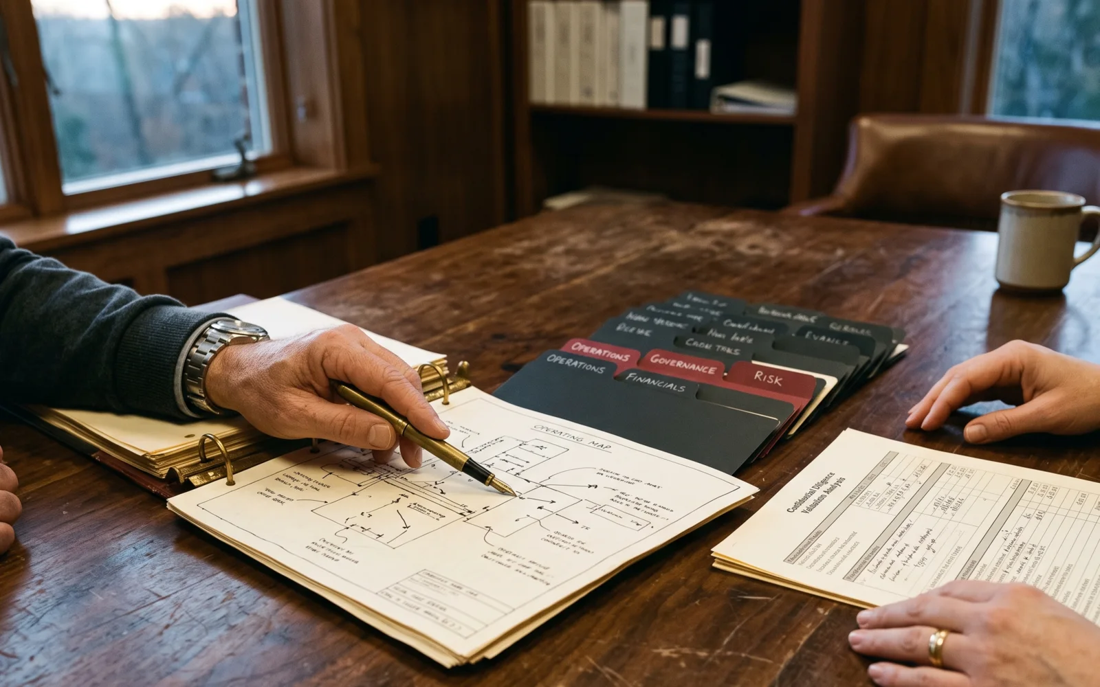 Hands reviewing a transferability evidence map, operating records, and valuation materials on a walnut table.